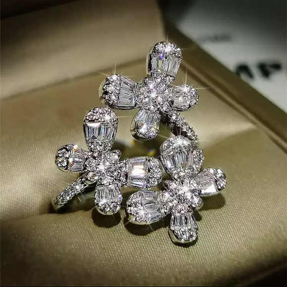 S925 Silver Butterfly Cubic Zirconia Flower Ring - Picture 2 of 5